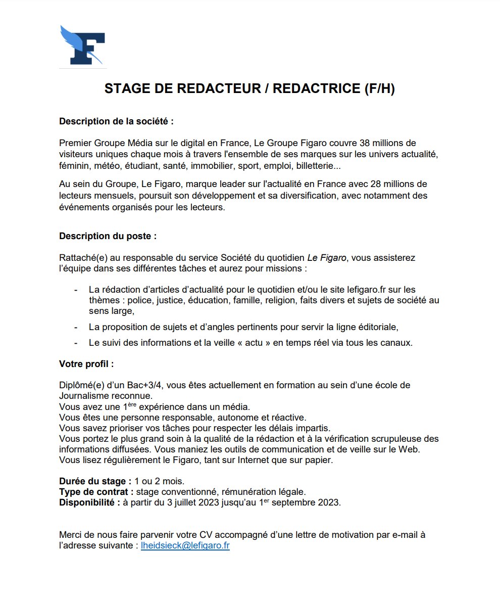 [OFFRE DE STAGE] Nous recherchons deux stagiaires en juillet/août pour les pages Société du <a href="/Le_Figaro/">Le Figaro</a>. Plus d'informations dans l'offre ci dessous📷