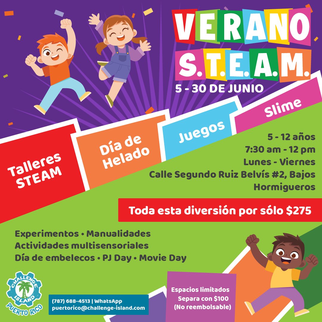 IslandPuerto's tweet photo. Separe con tan solo $100 en o antes del 10 de mayo. https://t.co/eHMR1mkvV7
¡Espacios limitados!
.
#ChallengeIslandPuertoRico #ChallengeIslandPR #PuertoRico #STEM #STEAM #TalleresCreativosParaNiños #Verano2023 #Verano #Summer #SummerFun https://t.co/f1IEyEqC2v