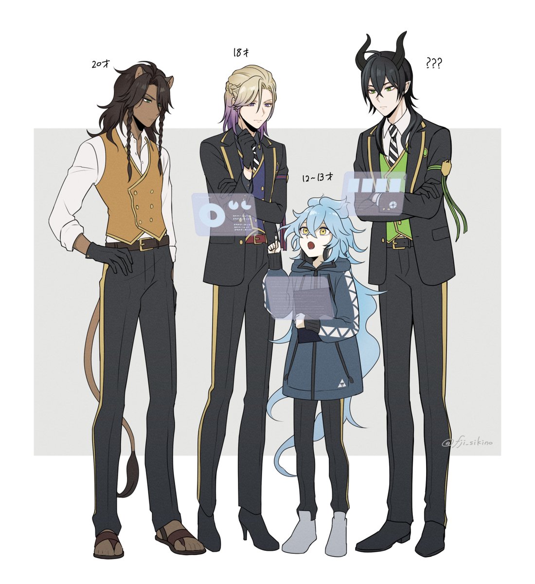 blue hair horns multiple boys shirt white shirt black pants long hair  illustration images