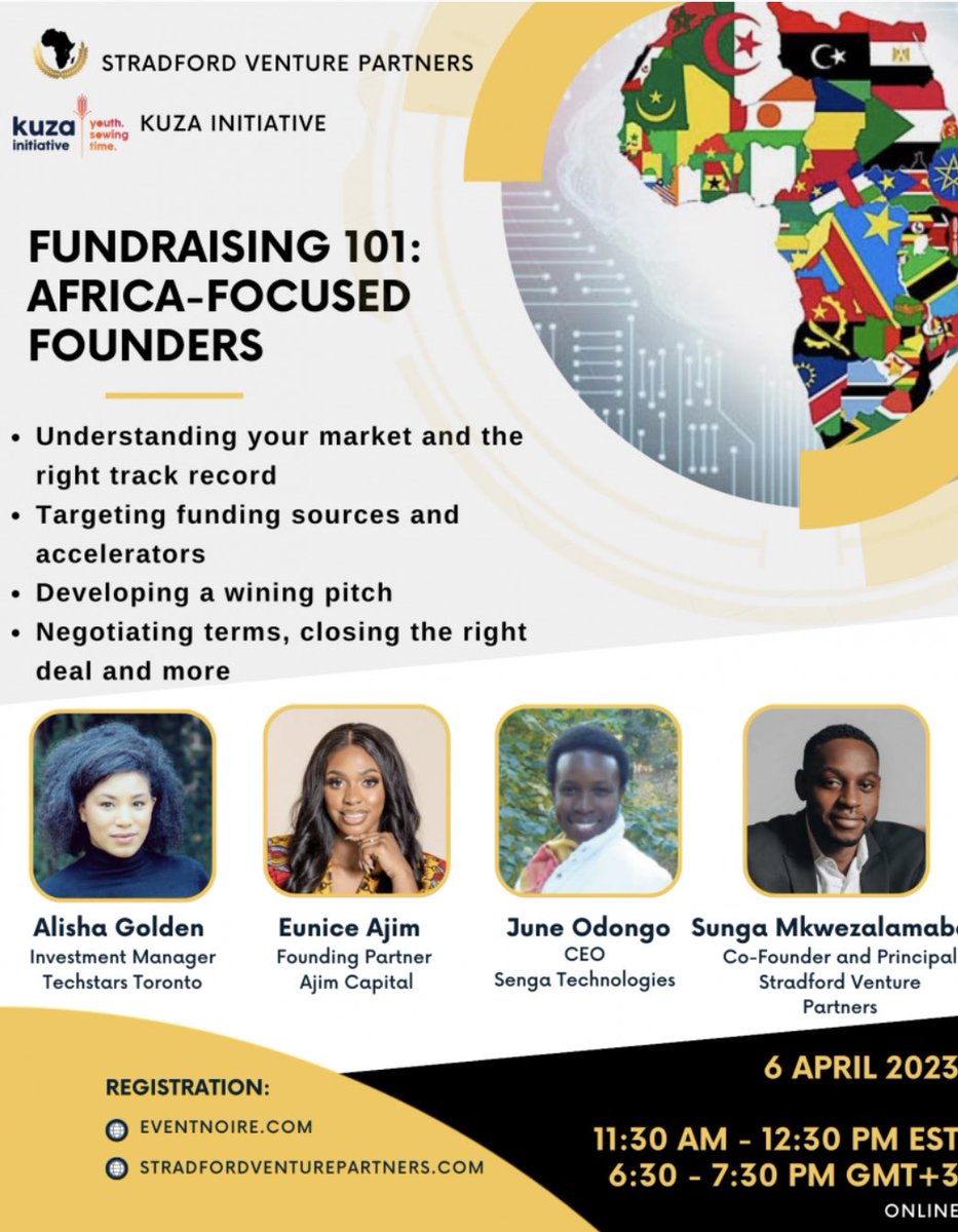 Stradford_VP's tweet photo. This Thursday ‼️ We are excited to bring a free and important panel focused on fundraising for Africa-focused founders. 

RSVP at the link in our bio. 

#Invest #Africa #VC #PE #Angelinvesting #SVP https://t.co/MCzbbFQTKN