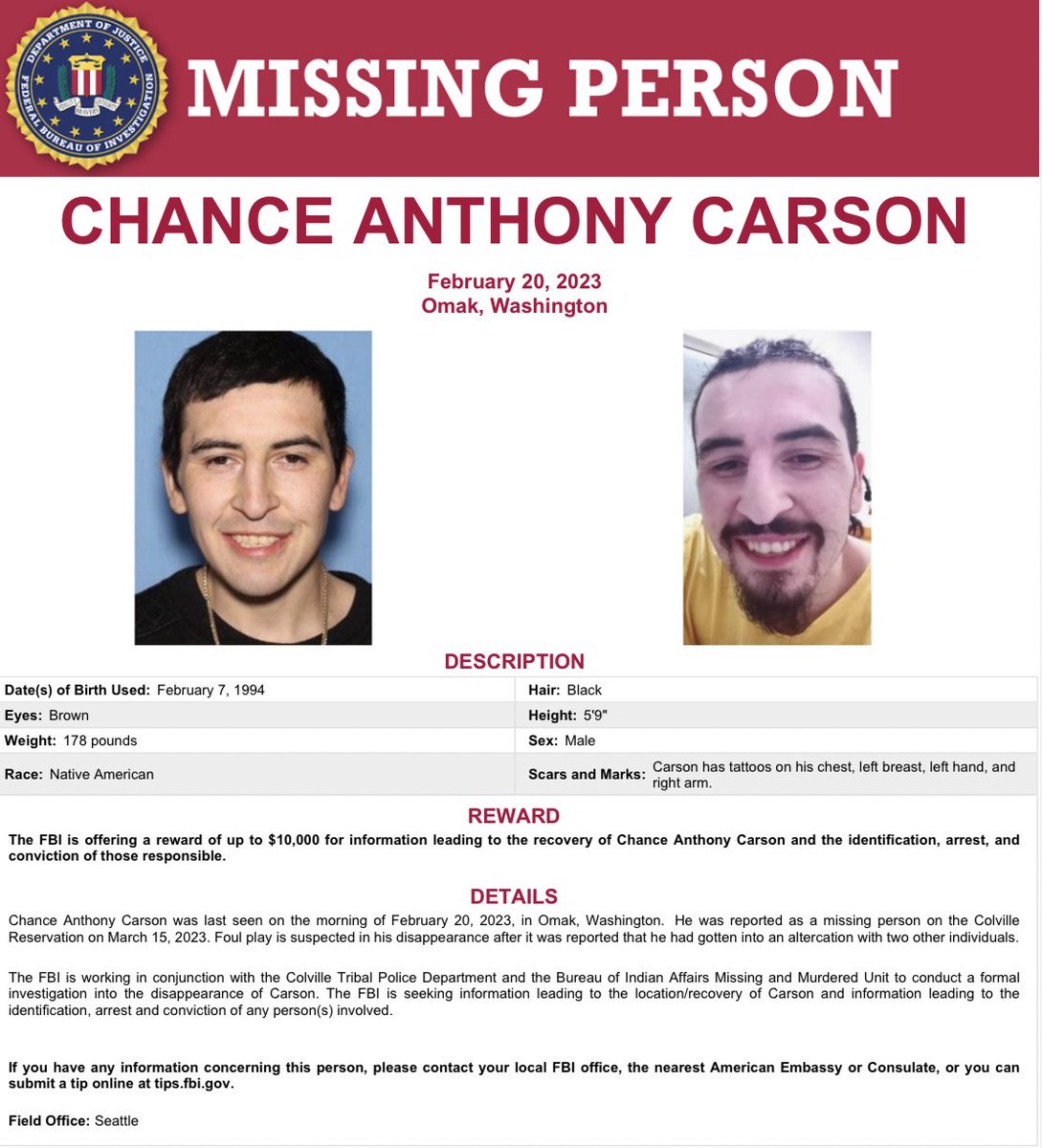 FindOurMissing_'s tweet image. Chance Anthony Carson was last seen on the morning of February 20, 2023, in Omak, Washington.  He was reported as a missing person on the Colville Reservation on March 15, 2023. #MMIP #FindOurMissing #MissingPerson #indigenousmissing