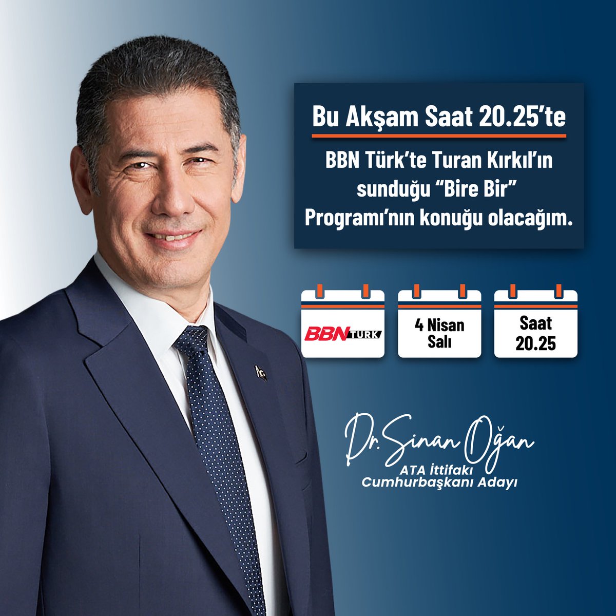 Sevgili vatandaşlarım, Bu akşam saat 20.25'te @bbnturktv 'de @Turankirkil 'in sunduğu #BireBir Programı'nın konuğu olacağım. Türkiye'yi yönetmeye talip biri olarak seçim politikalarımız hakkında pek çok şey anlatacağım. #OAnGeliyor