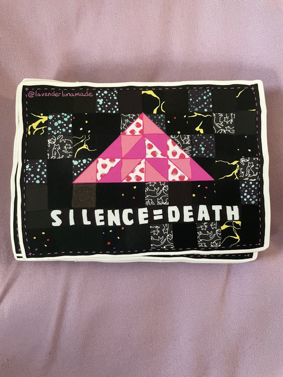 lavenderlluna's tweet photo. i have made quilt stickers! Drawn from one of my favorite original quilt designs, inspired by ACT UP’s iconic poster, printed on waterproof vinyl, 4x3” - what more could you want from a humble quilt sticker? $5 each by venmo, dm me 🏳️‍🌈 https://t.co/2sPfaDHhM3