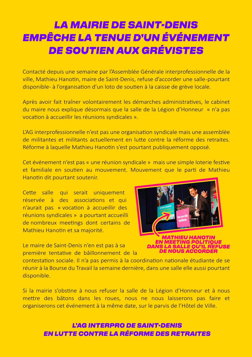 blonde__ocean's tweet photo. La mairie PS de Saint-Denis empêche honteusement la tenue d’un événement de soutien aux grévistes…

via @AGinterpro https://t.co/LAJRiO23kX