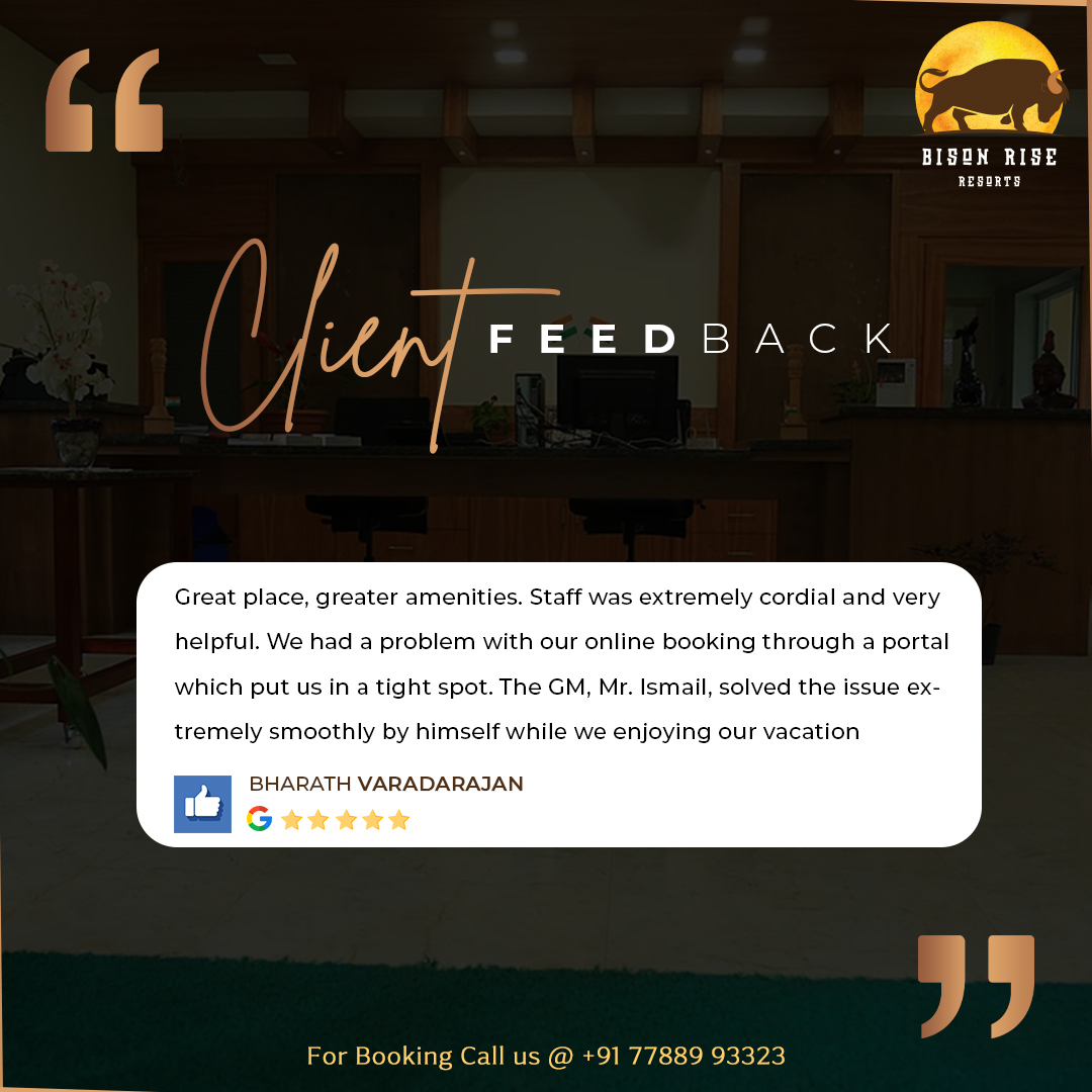 Thank you for sharing your positive experience with us!
For Booking call us: +91 7788993323

#SummerVacation #LuxuriousResort #HillsideRetreat #StunningViews #GourmetCuisine #TranquilityOfNature #BookNow #UnforgettableExperience #BisonRiseResort #EscapeToNature #AdventureAwaits