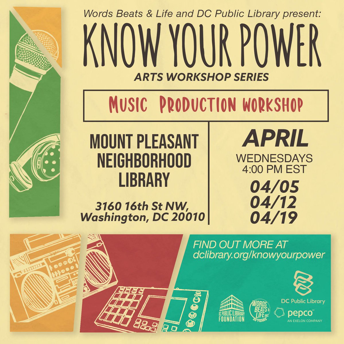 WordsBeatsLife's tweet photo. Come hang with us &amp; learn to make beats in our music production program: Know Your Power! FREE &amp; OPEN to ALL beat makers @ The Mount Pleasant Neighborhood Library. 

#wordsbeatsandlife #wbl #knowyourpower #mountpleasantneighborhoodlibrary #dc #washingtondc #dmv #dcpubliclibrary https://t.co/zOcWmtvcIN