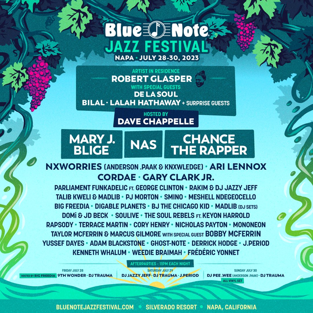 BlueNoteNYC's tweet photo. The Blue Note Jazz Festival Napa 2023 lineup is here! Featuring artist in residence @robertglasper and hosted by comedian @davechappelle, the intimate festival boasts a lineup of cultural icons! 

3-day passes go on sale Friday, 4/7, at 9am PT.

https://t.co/QYuQbX5j0l https://t.co/0o87jwyaeo
