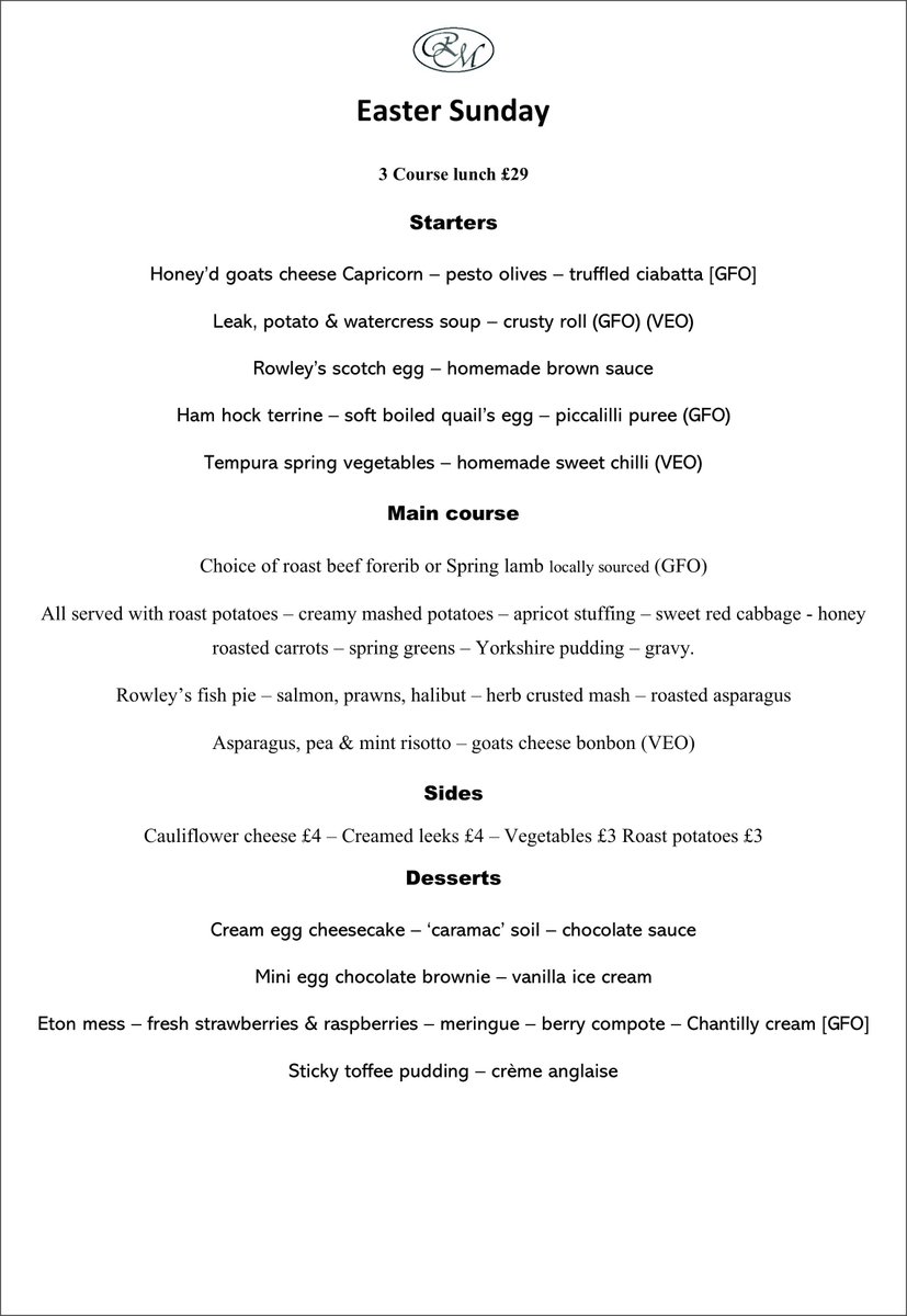 Our Easter Sunday Lunch Menu is now available! A beautiful 3-course meal, featuring dishes both traditional and original, made with fresh, mouthwatering local ingredients! Make your booking today!  Call: 01482848248 / 07974352563 Email: info@rowleymanor.com / dm@rowleymanor.com