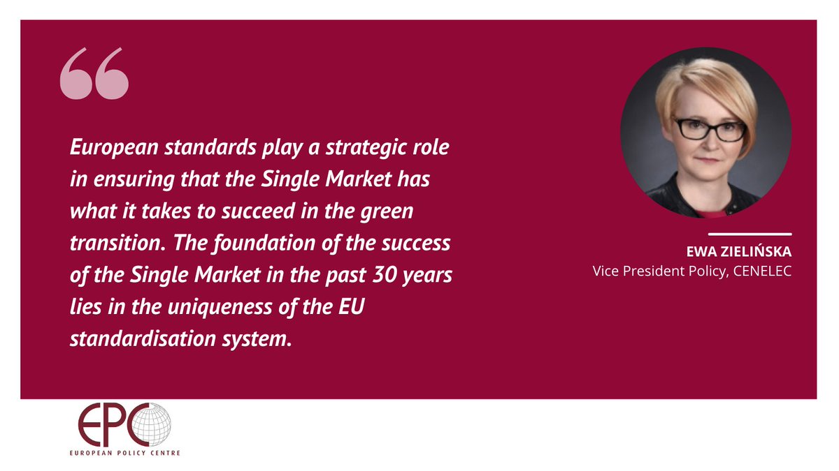 During our Policy Dialogue on how to achieve the ambitions of the #EUGreenDeal, Ewa Zielińska, Vice President Policy at <a href="/Standards4EU/">CEN and CENELEC</a>, reminds that #standards are key to building trust in the EU Single Market.