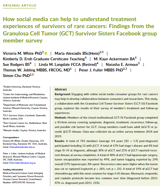JournalCancer's tweet image. 🌟 Just in time for #AACR23 | How social media can help to understand treatment experiences of survivors of rare cancers: Findings from the Granulosa Cell Tumor (GCT) Survivor Sisters Facebook group member survey

acsjournals.onlinelibrary.wiley.com/doi/full/10.10…

@OncoAlert 
#OpenAccess 
#Gyncsm
