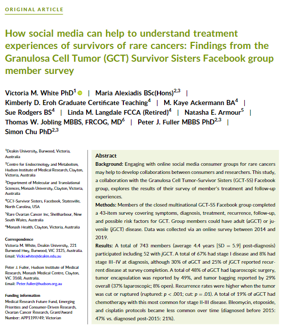 🌟 Just in time for #AACR23 | How social media can help to understand treatment experiences of survivors of rare cancers: Findings from the Granulosa Cell Tumor (GCT) Survivor Sisters Facebook group member survey acsjournals.onlinelibrary.wiley.com/doi/full/10.10… @OncoAlert #OpenAccess #Gyncsm