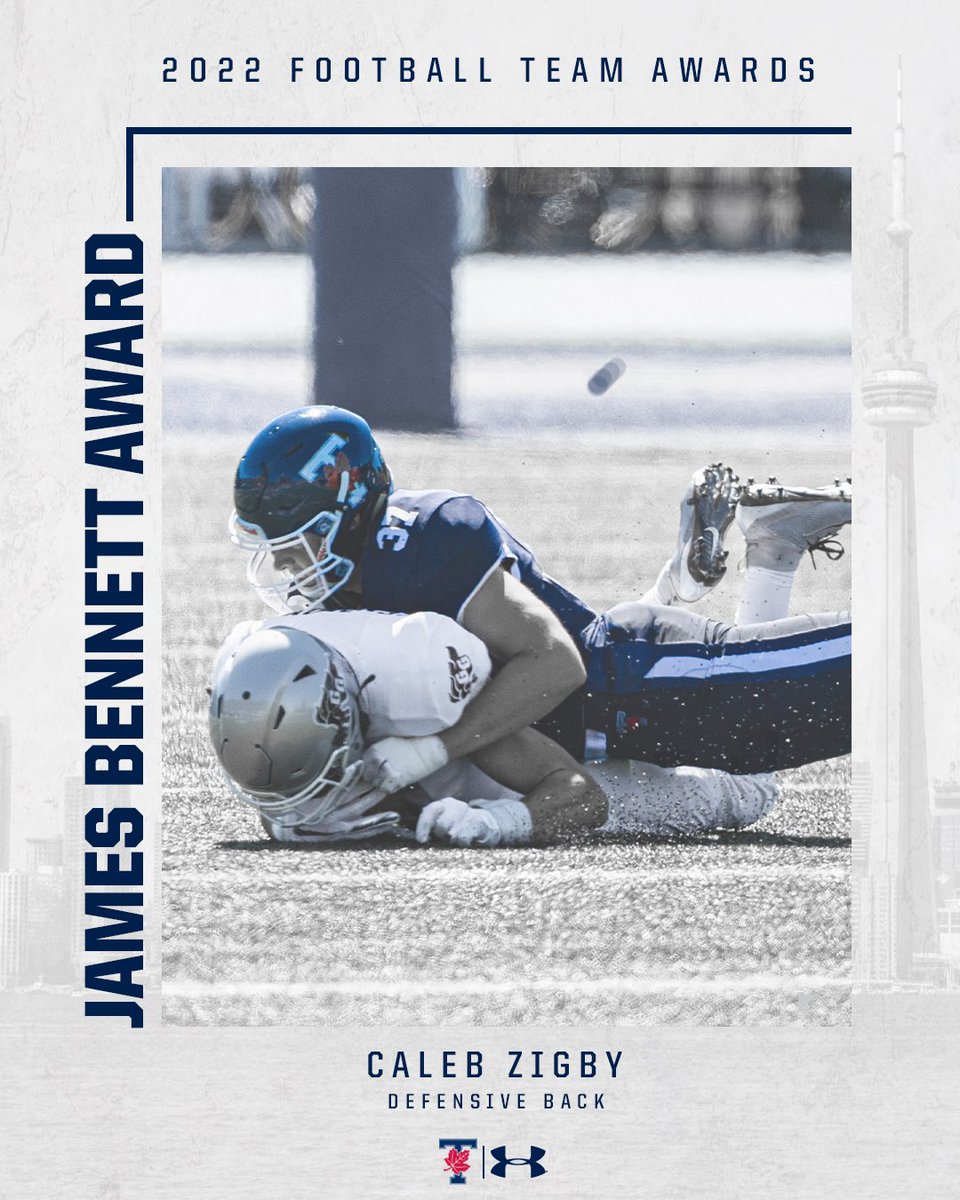 UofTBluesFB's tweet photo. The winner of the 2022 James A Bennett Award, given annually to a member of the football team who, in the opinion of his teammates, exemplifies desire and courage against insurmountable odds, is Caleb Zigby!  
 
#BLEEDBLUE | #BuiltInToronto https://t.co/agytF3X9V2