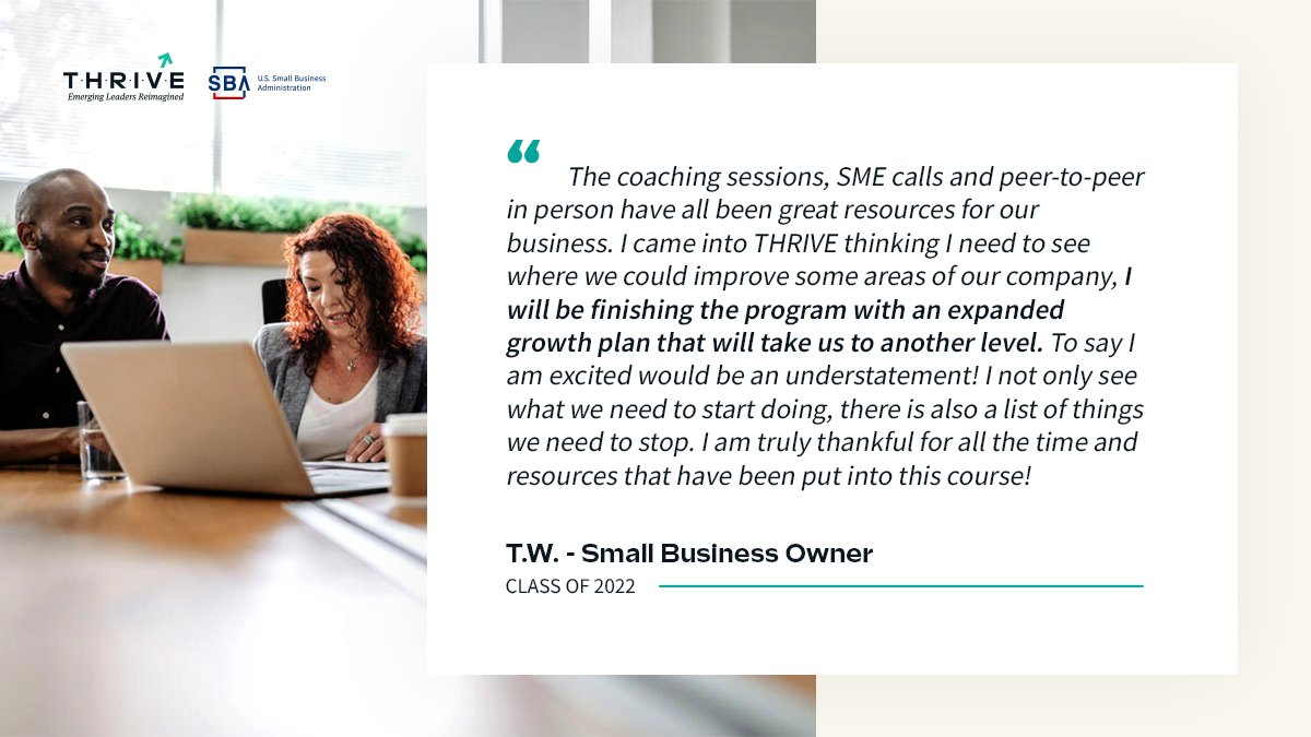 SThriveprogram's tweet image. Want to take your business to the next level? T.H.R.I.V.E. 2023 can help you get there! Join the next Cohort from July-December 2023 and get access to coaching sessions, SME calls, and more!

Check if you qualify and take your business to new heights.

👉 sbathrive.com