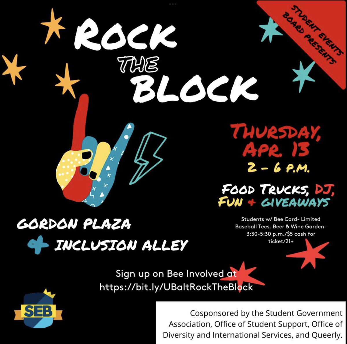 ubSEB's tweet photo. The Student Events Board (@ubseb) invites all members of the UBalt community to Rock the Block 2023. This year’s event will take place Thursday, April 13 from 2-6 p.m. on Gordon Plaza and Inclusion Alley. Come out to celebrate the end of the semester! https://t.co/P0fv4yNtTz