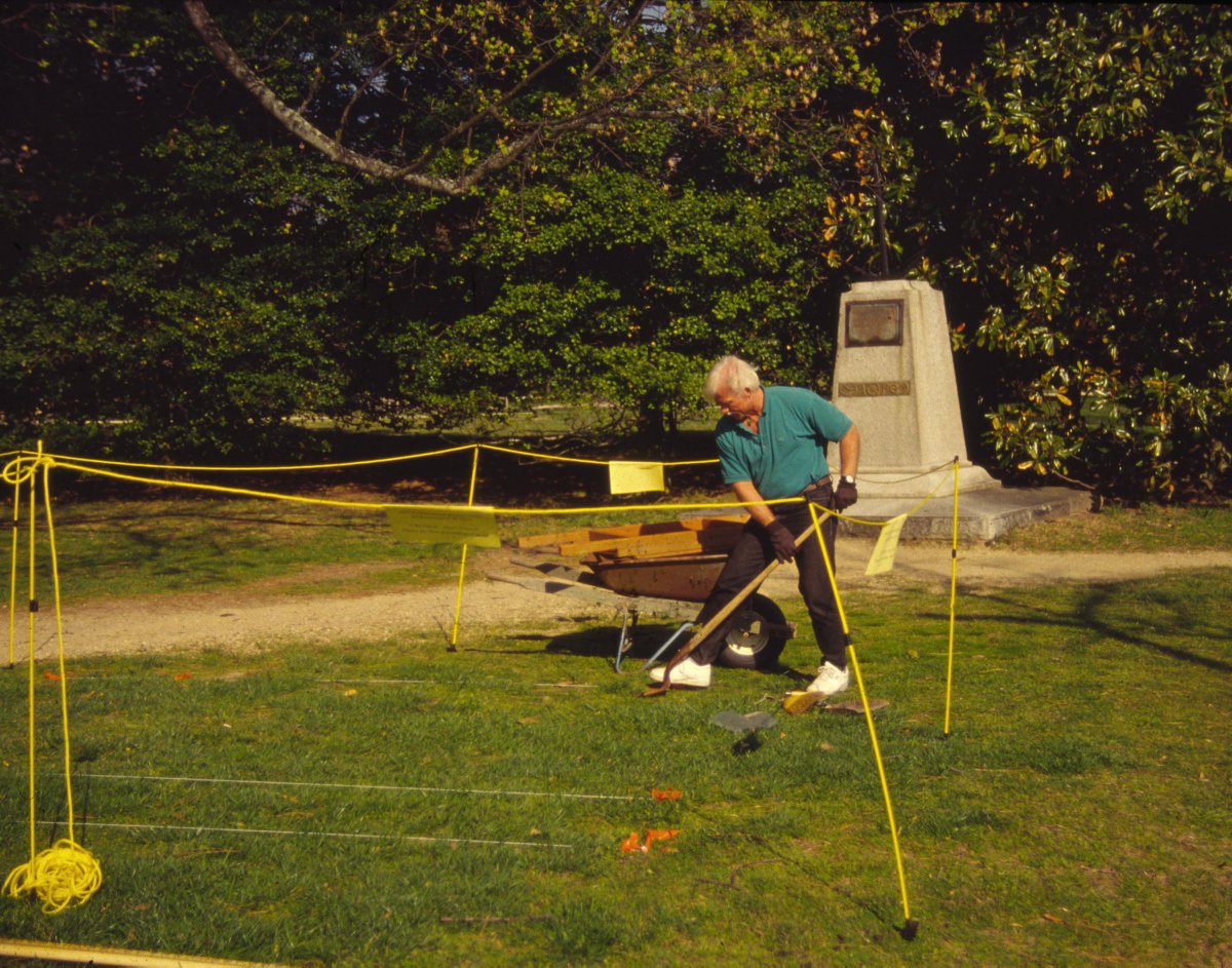 #OTD in 1994, Bill Kelso opened the first unit for the Jamestown Rediscovery Project between the church tower and the James River. Within 3 seasons, they had uncovered enough evidence to prove the remains of James Fort existed on dry land. Learn more at historicjamestowne.org.