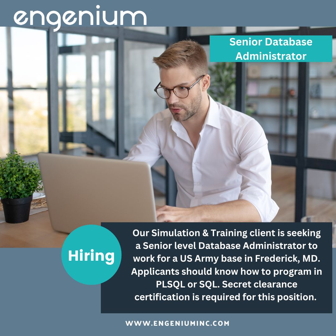 EngeniumCareers's tweet image. 👀Looking for a new opportunity as a Senior #databaseadministrator ? Know #SQL & #oracle ? Click the link to easy apply! linkedin.com/jobs/view/3537…
#oracledeveloper #oraclejobs #techhiring #techcareers #simulation #simulationtraining #ai #opentowork #hiring #hiringnow #techcommunity