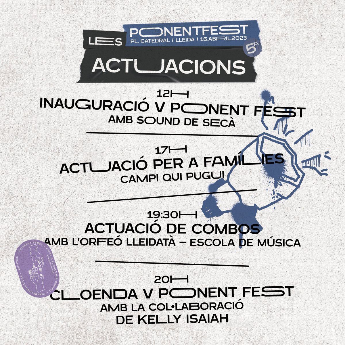 PonentCoopera's tweet photo. 🎶 Durant tot el dia a la #PonentFEST2023 tindrem diferents actuacions teatrals i musicals que podran gaudir tots els públics tan petits com grans amb @sounddeseca, @campiquipugui1, @orfeolleidata
i Kelly Isaiah, cantant del grup de música Koers.
👉 https://t.co/nhxvEu1Xuz https://t.co/zXbGtbTLv0