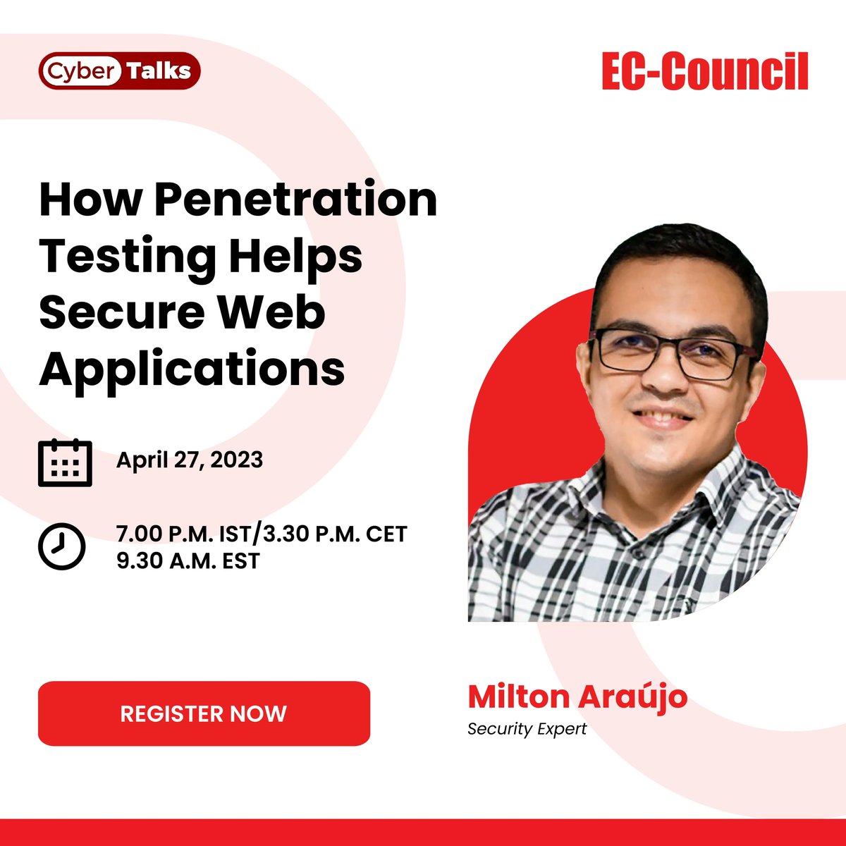 ECCOUNCIL's tweet image. Learn about the current state of #WebApplicationSecurity, and the importance of #PenetrationTesting to secure #WebApplications in our #Webinar on April 27th by Milton Araújo. Register now: bit.ly/3KuX4ZD  

#Cybersecurity #PenTesting #Vulenerabilities #PenTest #ECCouncil