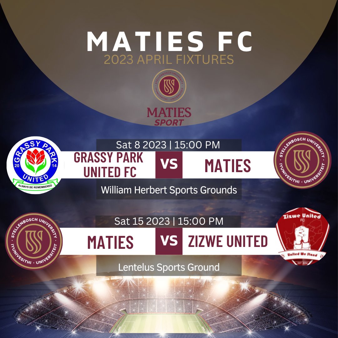 MatiesSport's tweet photo. April Football Fixtures π¨
Make sure you come to Saturday games to support the Maties football team. Let's show the opponents our GEES! Wear your favorite maroon apparel and let's cheer together for our team. Go Maroon Machine π₯
#matiessport #maroonmachine #gooimielies https://t.co/B2XS170KsX