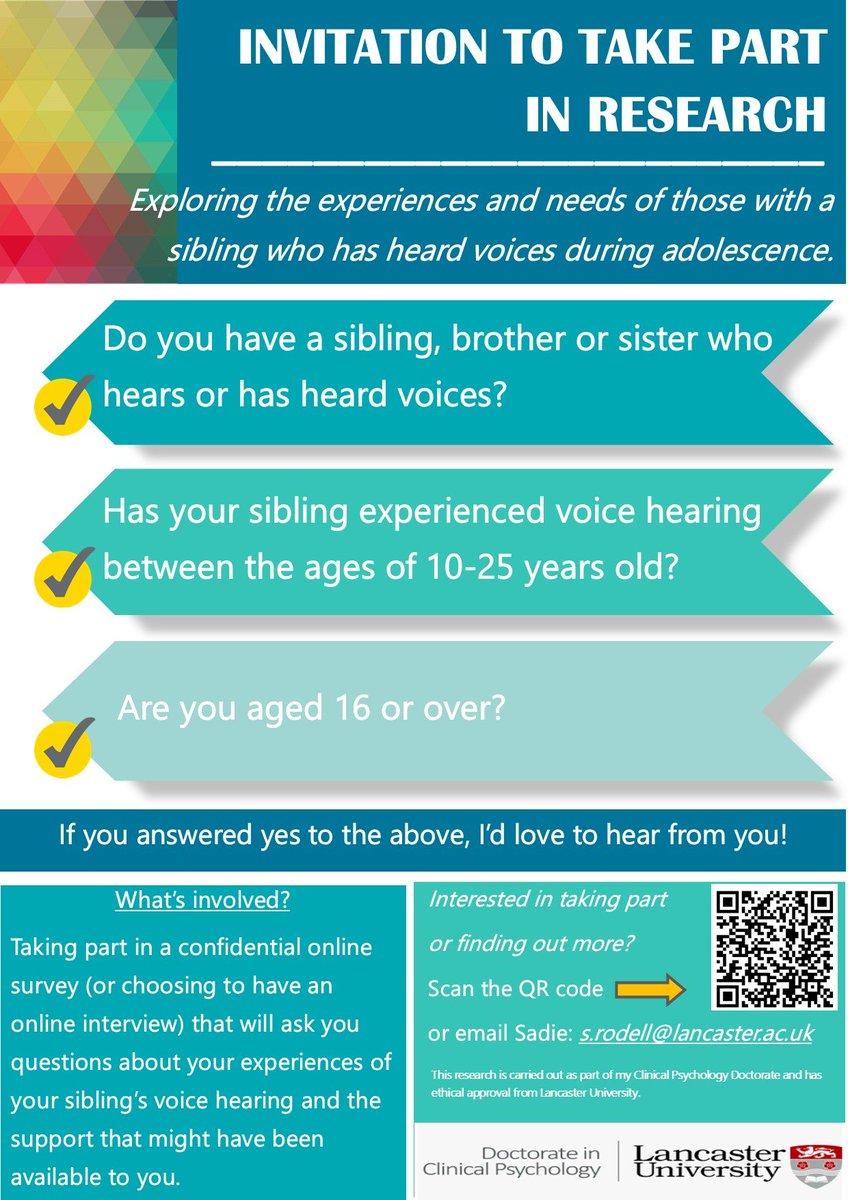 We know siblings are often overlooked in research but sibling relationships can be so important! @sadie_psych is hoping to learn from siblings of young voice hearers.  Pls see information below⬇️ and RT <a href="/hearingvoice/">Hearing the Voice</a> <a href="/HearingVoicesNY/">Hearing Voices NYC</a> <a href="/HVBrighton/">HearingVoices BTN</a> <a href="/VoiceCollective/">Voice Collective</a> #hearingvoices 🙏