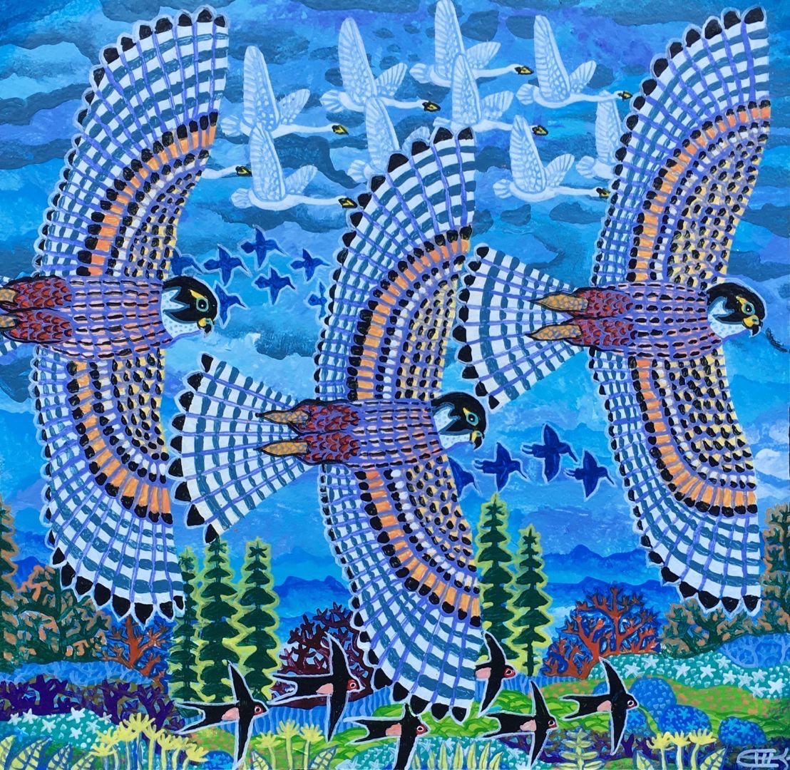 HWarlow's tweet photo. Esben Hanefelt Kristensen 
Danish painter whose work I’m very fond of.  
His patterns have been transferred to soft furnishing materials, cushions and duvet covers etc ….the brightness will startle the riser from a duvet cover like this ! https://t.co/LhYGh7rMMj