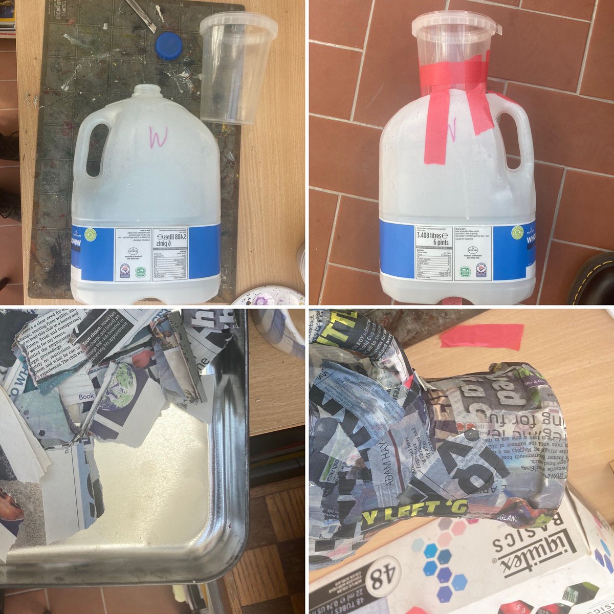 Dempsey_art's tweet image. Experimenting with up-cycling a large milk bottle and soup packaging / coffee cup for our ‘Perry Pot’ project and seeing if I can avoid the dreaded ‘balloon’ papier-mâché  pot TIPS WELCOME #artteaching #experimentation @KelmscottSchool #sustainable