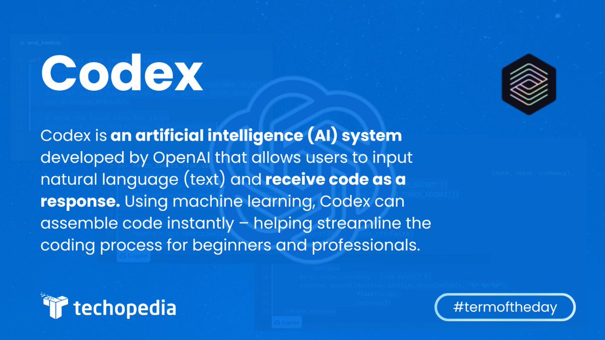 techopedia's tweet image. The OpenAI Codex system is a direct descendant of the company’s GPT-3 model, designed to produce accurate responses to text-based prompts.
Learn more: mtr.cool/rbxqxpxdqo
#CodexAI #OpenAICodex #AIProgramming #MachineLearningCoding #StreamlineCoding