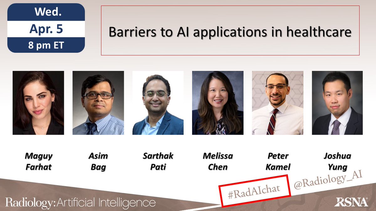 T - 1 Day: Don't miss the April #RadAIchat this Wed. Apr. 5th at 8 PM ET on "Barriers to #AI applications in #healthcare" moderated by <a href="/maguy_farhat/">Maguy Farhat</a> and featuring <a href="/asimkbagmd/">Asim Bag</a> <a href="/joshyung/">Joshua Yung</a> <a href="/MelissaChenMD/">Melissa Chen MD</a> <a href="/SarthakPati/">Sarthak Pati</a> <a href="/PeterKamelMD/">Peter Kamel, MD</a> #MachineLearning #radiomics <a href="/cekahn/">Charles Kahn, MD</a> <a href="/HElhalawaniMD/">Hesham Elhalawani</a>