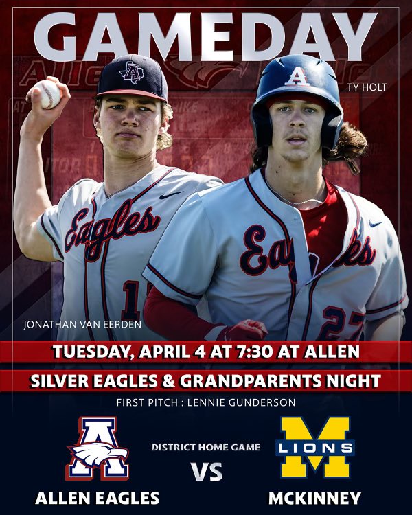 alleneagleshrc's tweet image. GAMEDAY! 
Silver Eagles and Grandparents Night!
Allen 🦅 🆚 McKinney 🦁
🏟️Allen High School 
⏰ JV 4:30
⏰ Varsity 7:30
🎟️ CASH ONLY $5/adult $2/student
💻Sportsgram.net 
📸 @bigedmachine 
#catchagame @allenstudentsec @Jwilsonbaseball @allen_baseball