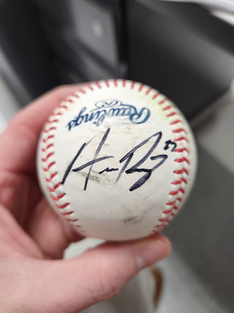 A student was at last night's game. He was able to be near the field during BP, and got an <a href="/austinriley1308/">Austin Riley</a> foul ball. My student is a <a href="/Cardinals/">St. Louis Cardinals</a> fan, but he knows I'm a huge <a href="/Braves/">Atlanta Braves</a> fan. Rather than keeping the ball, he asked Riley to sign it for me.