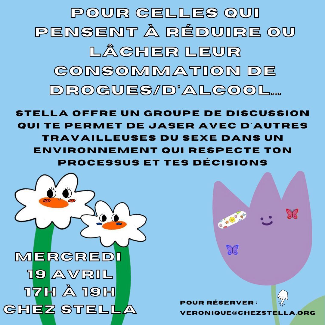 AmiEsdeStella's tweet image. Notre prochaine rendez-vous pour les travailleuses du sexe qui pensent à réduire ou lâcher leur consommation de drogue/alcool. 

le 19 avril, 17-19h

#sexwork #druguse