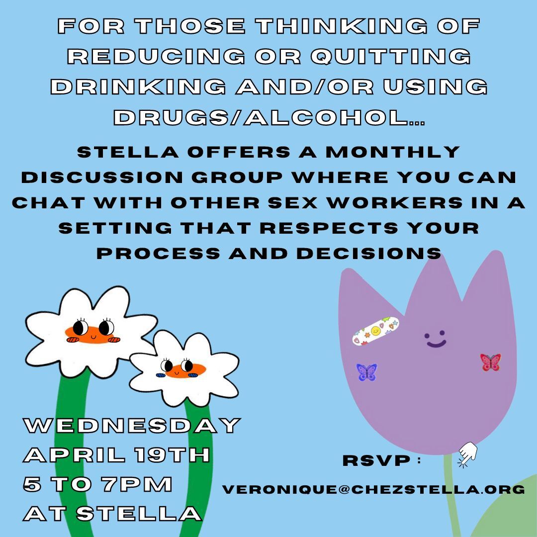 AmiEsdeStella's tweet image. Notre prochaine rendez-vous pour les travailleuses du sexe qui pensent à réduire ou lâcher leur consommation de drogue/alcool. 

le 19 avril, 17-19h

#sexwork #druguse