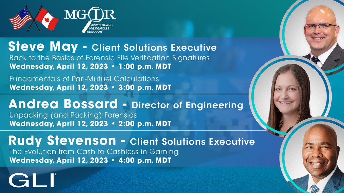 GamingLabsInt's tweet photo. Join GLI's Andrea Bossard, Rudy Stevenson and Thorsten Toms at the Midwest Gaming Investigators & Regulators (MGIR) 2023 Spring Conference & Roundtable, April 10-13 at the Wildwood Hotel and Casino.
#GamingLabs #GLI #midwestgaming #gaming #GLIwheretonext #MGIR #hellocolorado https://t.co/CeSQAapPmh