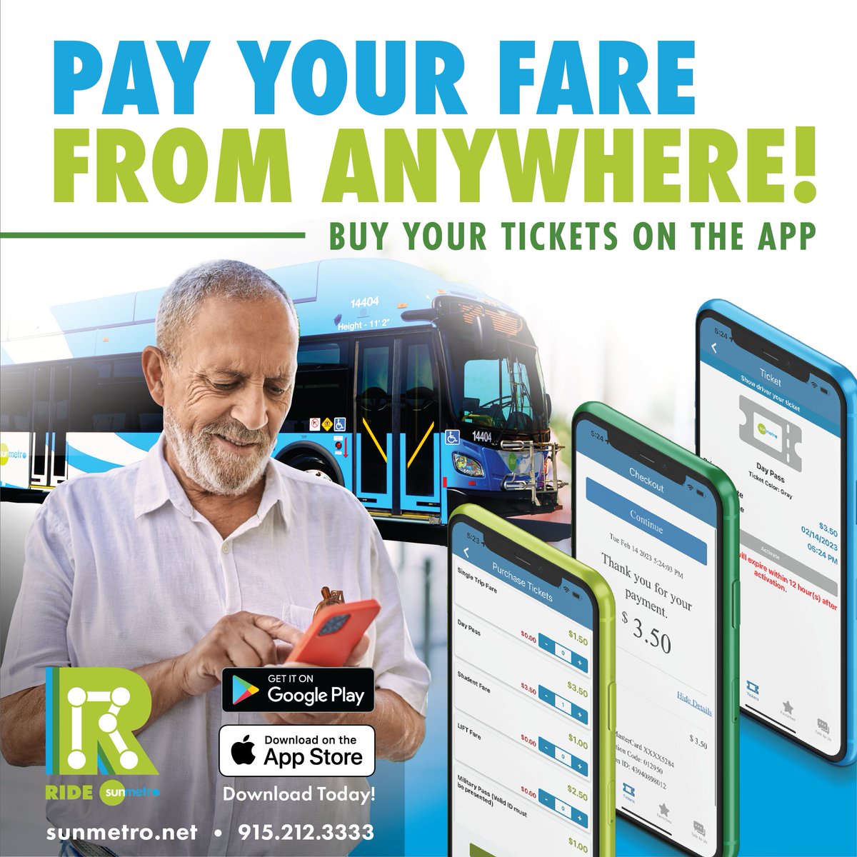 SunMetro's tweet photo. Pay your fare from ANYWHERE! Buy your tickets on the Ride Sun Metro App.
Download the app: https://t.co/3ic5QADXhh
For more information call 915-212-3333
#RideSunMetro #sunmetro #buyonline #busfare #digitalbusticket #busticket #eptransit #eptx https://t.co/7dXek9753r