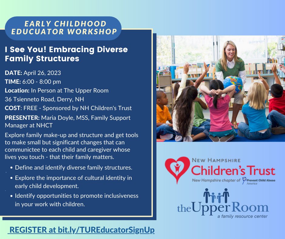 Attention Early Childhood Educators!  
There are spots open in the April 26 Embracing Diverse Family Structures Workshop. This no-cost workshop will be presented in person at The Upper Room. 
Register at forms.gle/5pYTi3x9mCe9VK…