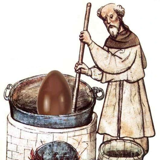 most monks would spend their evenings making chocolate eggs. This was a part of daily life in monasteries all over Europe. Some monks would eat nothing but chocolate eggs. Eventually they cut down to one day a year. A tradition which remains to this day.