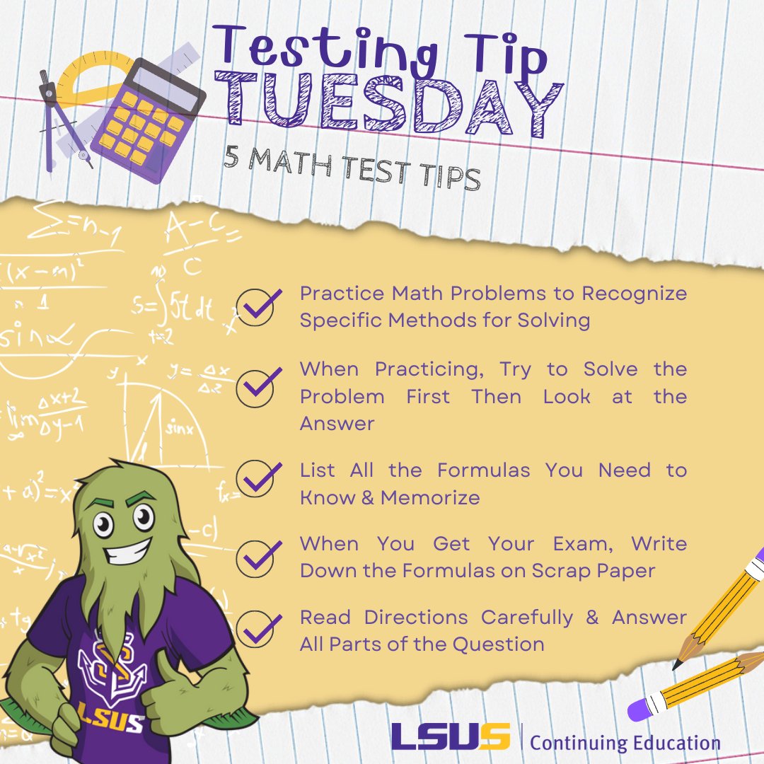 LSUSContEd's tweet photo. Math tests can be intense academic challenges that students face. 📐 So here are some tips to prep for #math tests.

#lsusce #TestingTipTuesday #TuesdayMotivation #TuesdayTips #studying #studyhard #studymood #mathskills #mathstudents #mathtestprep https://t.co/GXl01ZR4uI