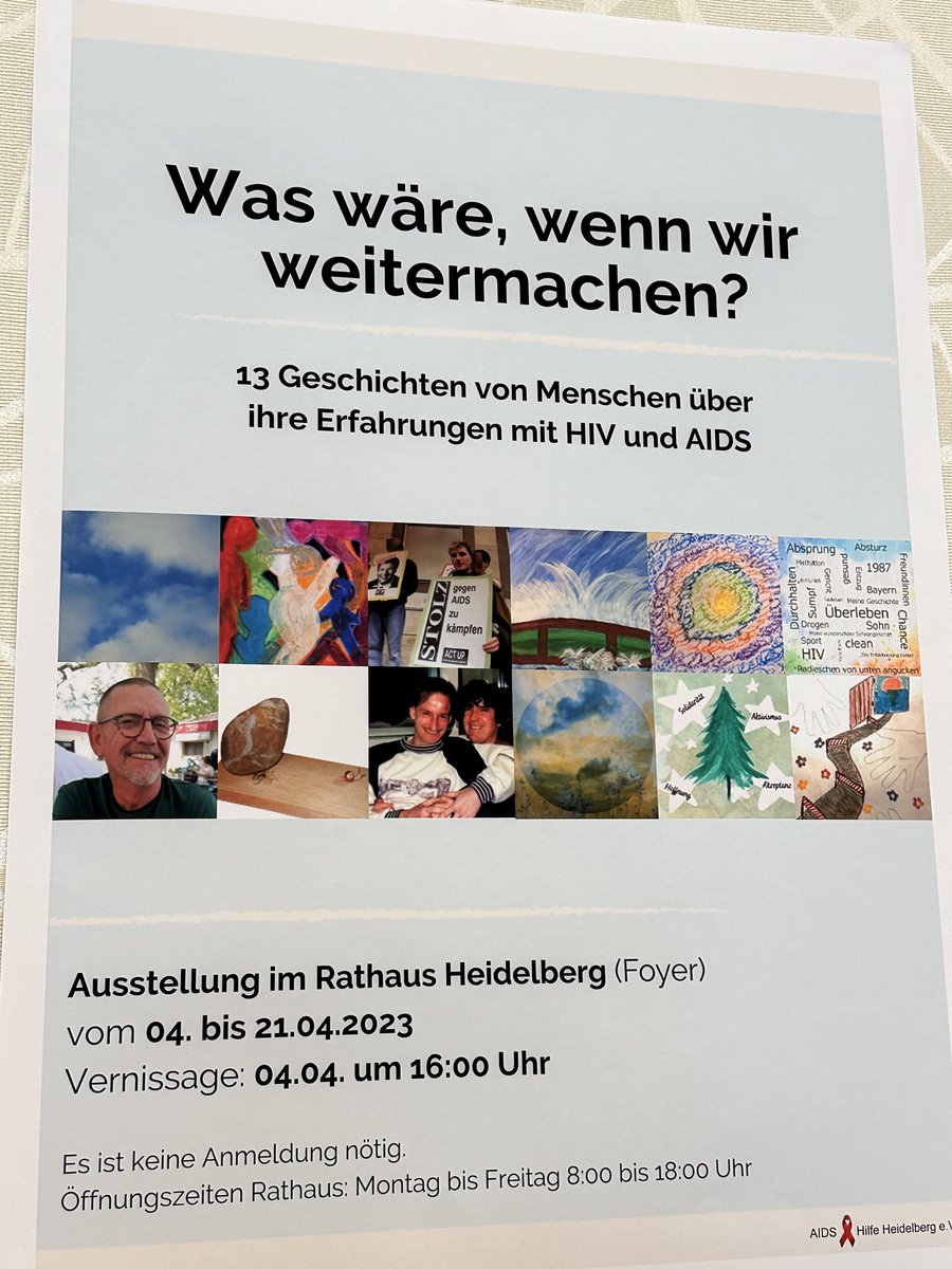 KalleHD's tweet photo. Wunderschöne Vernissage der Ausstellung "Was wäre, wenn wir weitermachen?" im Foyer des Rathauses Heidelberg. Danke an Sozialbürgermeisterin Stefanie Jansen für die lieben Grußworte zur Eröffnung. Zu sehen bis zum 21. April 23 #aidshilfe #aids #hiv #geschichte #generationendialog https://t.co/dY3aOwUOfk