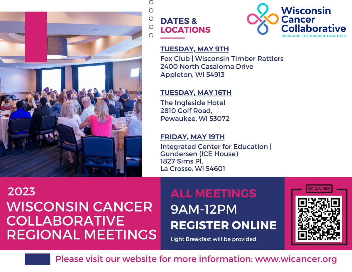 WisconsinCancer's tweet image. Registration is now open for our Spring 2023 Regional Meetings! For the first time since the COVID-19 pandemic, we are hitting the road and coming to a city a near you. Learn more and register today! wicancer.org/events/regiona…