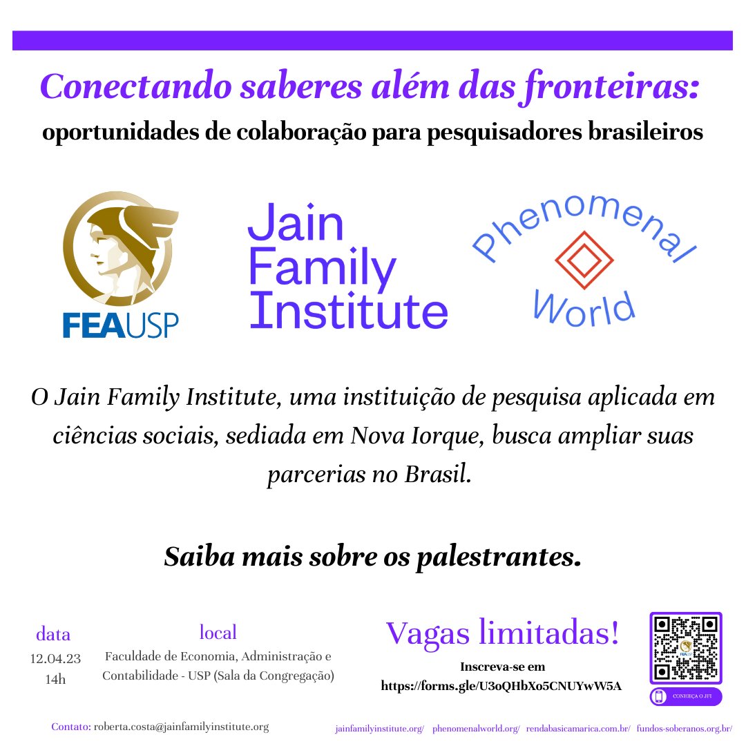 paulryankatz's tweet photo. Em pouco mais de uma semana, no dia 12/04, o @jainfamilyinst estará na @FEAUSPcomunica para apresentar os nosso projetos e conhecer possíveis colaboradores brasileiros. Saiba mais sobre os quatro palestrantes nos comentários abaixo

Inscrições: https://t.co/ME8x6EEwH3 https://t.co/Soj5tbQ6pg