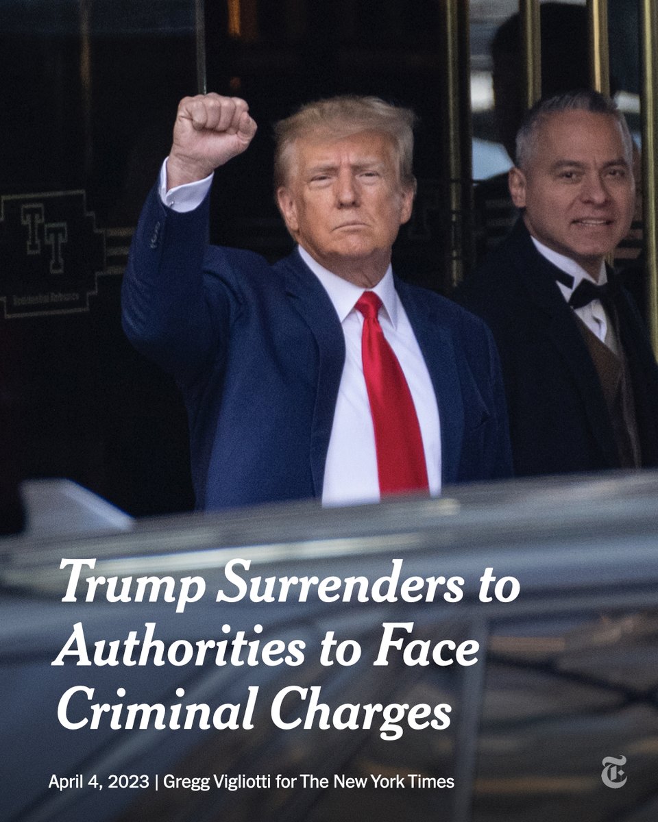 Donald Trump left Trump Tower on Tuesday and traveled to the Manhattan district attorney’s office where he surrendered to face dozens of felony charges for his role in the payment of hush money to a porn star days before the 2016 presidential election. nyti.ms/434C8jo