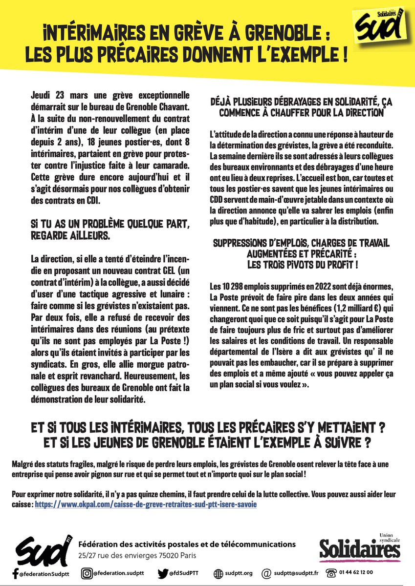 fdSudPTT's tweet photo. Du jamais vu ! 12 ième jour de grève mené  par des intérimaires à Grenoble afin d'obtenir des CDI à @GroupeLaPoste . La direction ne veut pas les recevoir car "elle n'est pas l'employeur". Ce n'est pas seulement indigne, c'est dégueulasse.  #StopPrecarité #LaPoste https://t.co/zVMoLpjWsy