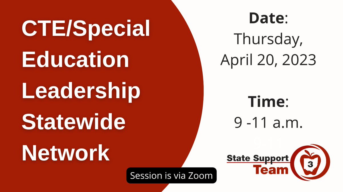 Don’t miss the last CTE/Special Education Statewide Network meeting of the year on April 20, 2023. Network with others from across the state and hear updates on Career-Technical Education,
equitable access to CTE programs, &amp; CTE federal &amp; state Mandates. tinyurl.com/CTE42023Z