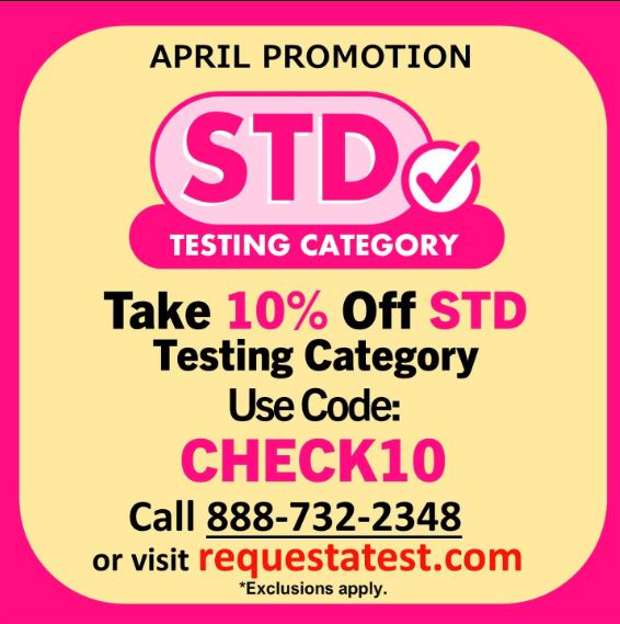 RequestATest's tweet image. Your sexual health is too important to take chances with

Take 10% off all of April! Use CHECK10 at checkout!

You may call us at 1-888-732-2348 or Visit RequestATest.com for details! 

#stdtest #stdtesting #std #knowyourstatus #hiv #chlamydia #gonorrhea #syphilis #herpes