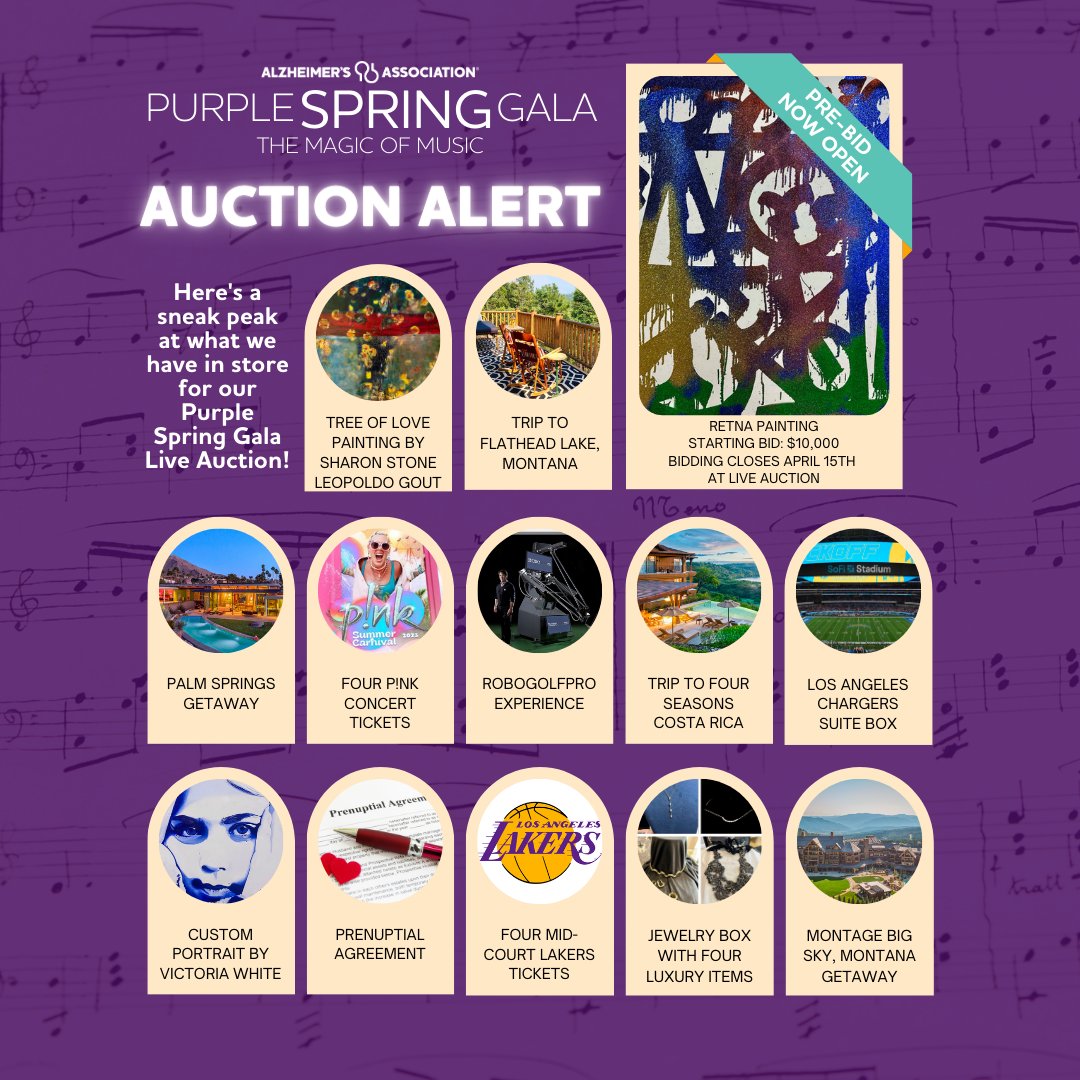 Join us at the #PurpleSpringGala to bid on any of the following auction items! Pre-bid now open on the RETNA piece. All other bidding will take place in person on April 15. To learn more, pre-bid, or purchase tickets visit purplespring.givesmart.com #AUCTIONALERT📣🚨💜 #ENDALZ