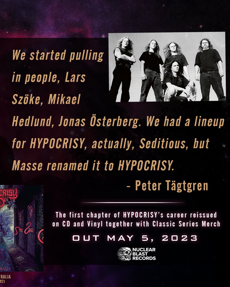 hypocrisyband's tweet photo. "I remember Masse Broberg went in and put vocals on, and it was like 'Yeah! This is it!' " - Peter Tägtgren
Chapter 1 albums reissue, together with Classic Series merch.
https://t.co/RYPXWXGk8N
@nuclearblast
#hypocrisyband #nuclearblast #HypocrisyCollection #hypocrisychapter1 https://t.co/MwmdO9rfJN