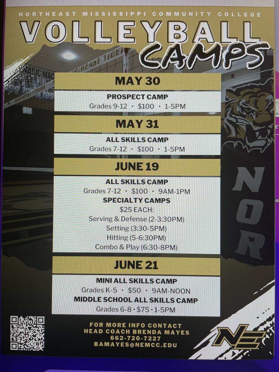 Northeast is excited to begin our inaugural Volleyball season with a summer full of camp opportunities. Sign up using the form stack on the QR code attached to the flyer. Payment can be made in person or mailed to: Northeast Volleyball 101 Cunningham Blvd. Booneville, MS 38829