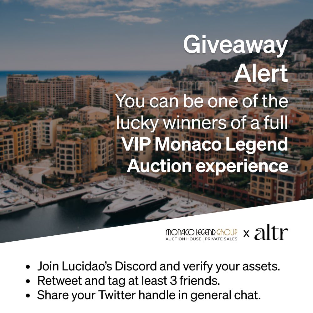 Lucidao_'s tweet photo. 🎉 Giveaway Alert 🎉

🔸 Diamond Holders, we're giving away an "Auction Experience" to 3 lucky winners holding 50,000+ LCD tokens. Join Altr at the Monaco Legend Group watch auction in Monte Carlo on April 22-23! 🕰️💎 https://t.co/msqyO2qeHd