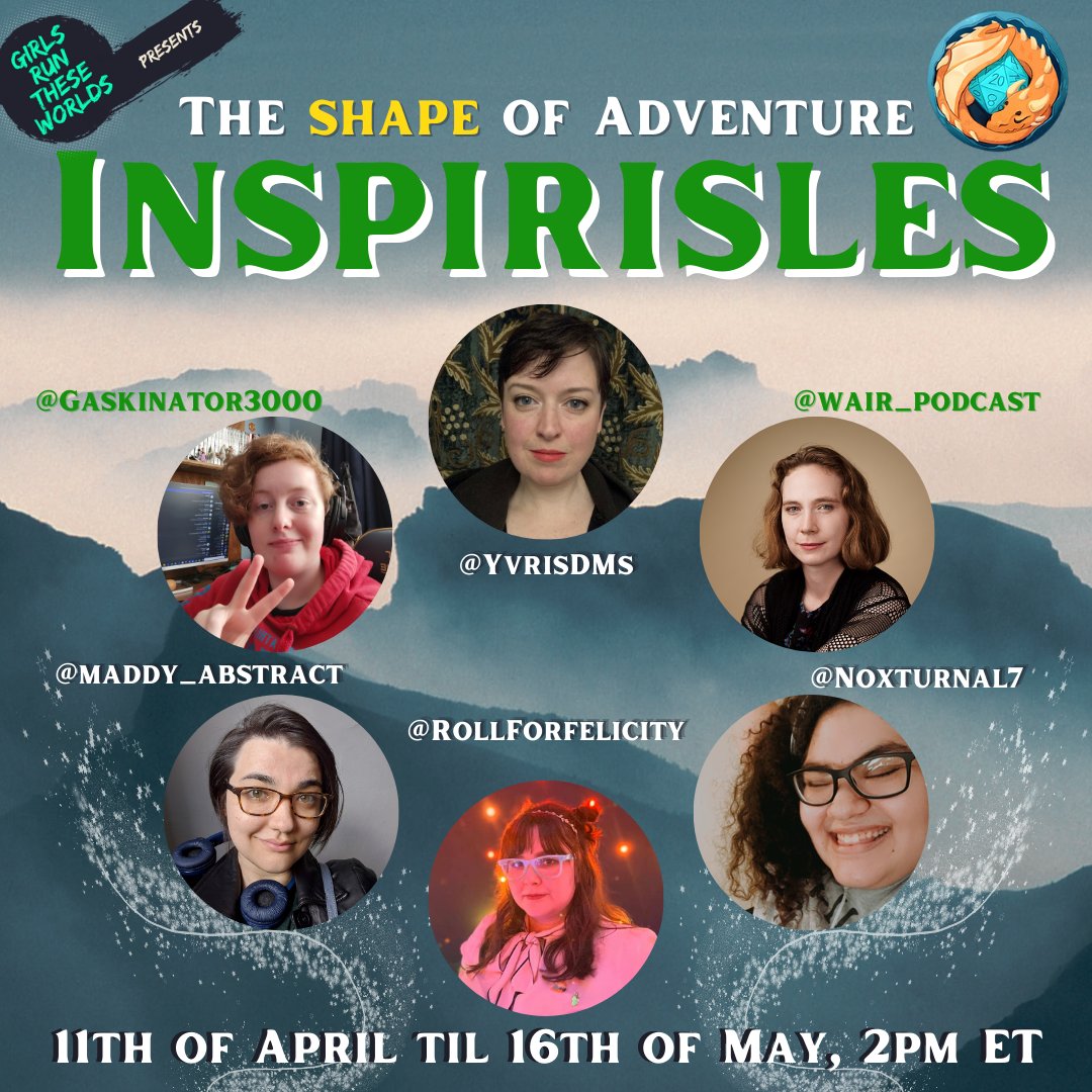 This time next week! GM <a href="/YvrisDMs/">Yvris Burke | Button Kin Games</a> will be joined by @wair_podcast, @noxturnal7, @rollforfelicity, @maddy_abstract, and @gaskinator3000 for a magical adventure in an Inspirisles AP, sponsored by <a href="/HatchlingDM/">Hatchlings Games | flown to 🦋</a>! Check out the game here - bit.ly/3M7l7zb