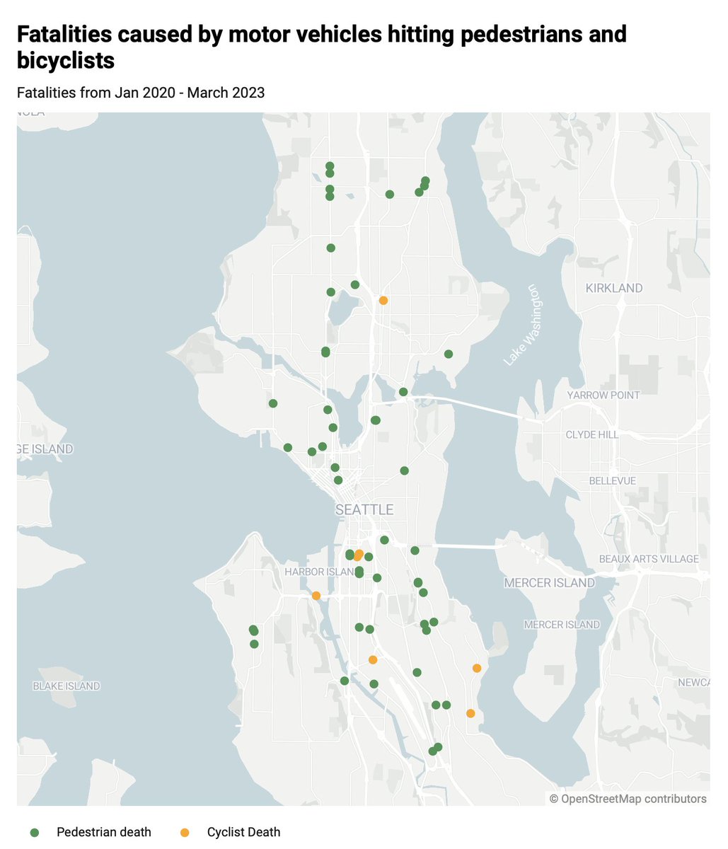 _Lena_Han's tweet photo. A map of all pedestrian and cyclist fatalities in Seattle since 2020, for @UrbanistOrg 

Story here: https://t.co/iCHB8185bR https://t.co/M5fz3U4NE2